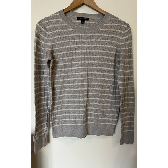 Banana Republic Gray White Stripe Cable Knit Crew Neck Lightweight Sweater M - Picture 1 of 7